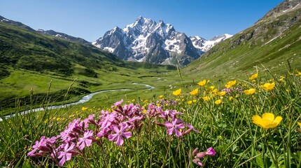 Obraz premium Alpine mountain valley with wildflowers under sunny sky