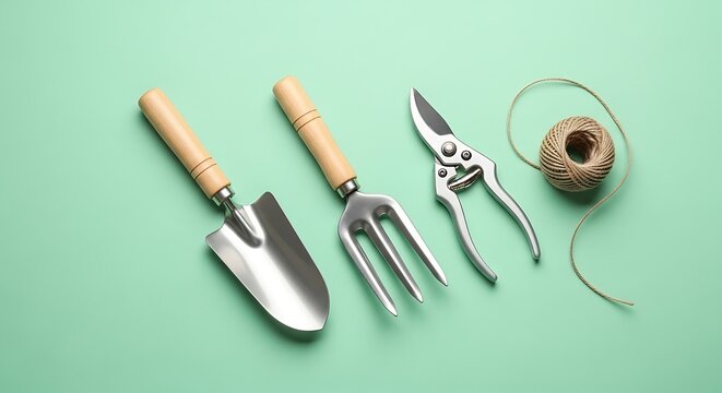 flat lay of essential gardening tools