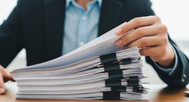 Businessman hands checking big stack of financial report documents and contracts for corporate audit