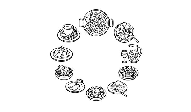 Mediterranean Spanish Cuisine Black Contour Icons with Paella Tapas and Traditional Dishes