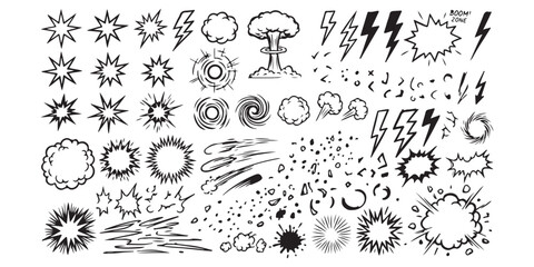 Set of hand drawn comic book explosion and lightning bolt effects in black and white style © md