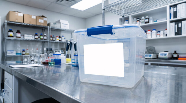 A clear plastic storage bin featuring a large blank white rectangular label on the front side with sturdy blue locking clips and durable transparent acrylic walls.