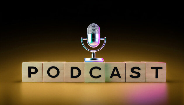Modern microphone with wooden blocks spelling podcast concept