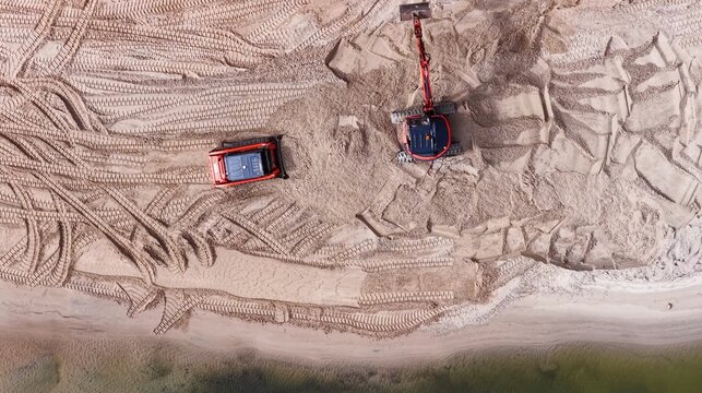 Aerial View of Excavator and Bulldozer Moving Sand on Gold Coast Beach