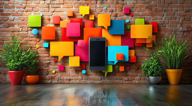 Modern smartphone with colorful speech bubbles on brick wall background