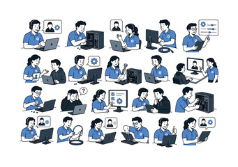 Fototapeta premium Technical Support Service collection of digital illustrations, 12-20 character-driven small scenes across full canvas, people with visible faces and expressive poses fixing computers, answering