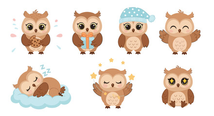 Fototapeta premium Cute Cartoon Owl Collection in Various Poses