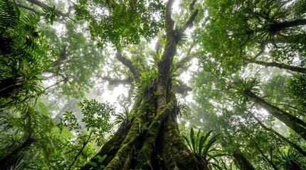 Fototapeta premium Tropical jungle canopy view from ground looking up