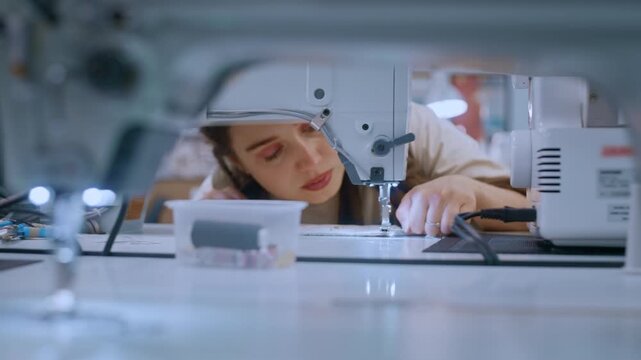 Young woman working in a sewing studio, stitching fabric with an industrial sewing machine