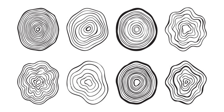 Set of eight hand drawn tree rings and wood cross section patterns
