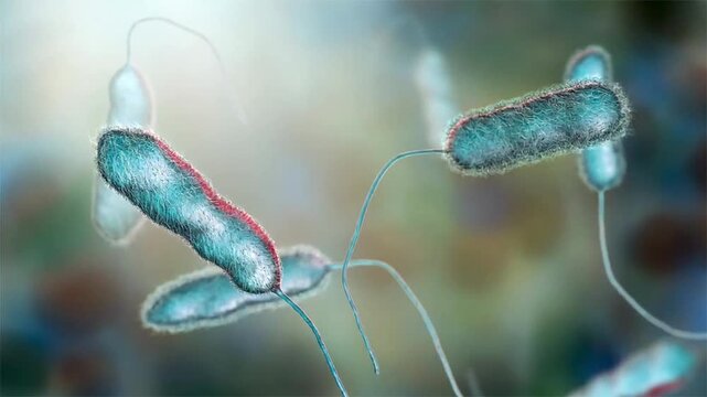 Legionella bacteria, 3D animation showing slowly rotating rod-shaped cells, illustrating waterborne pathogen causing Legionnaires&rsquo; disease and severe pneumonia.