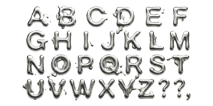 Alphabet set of letters made of shiny liquid silver or melted metal with dripping texture
