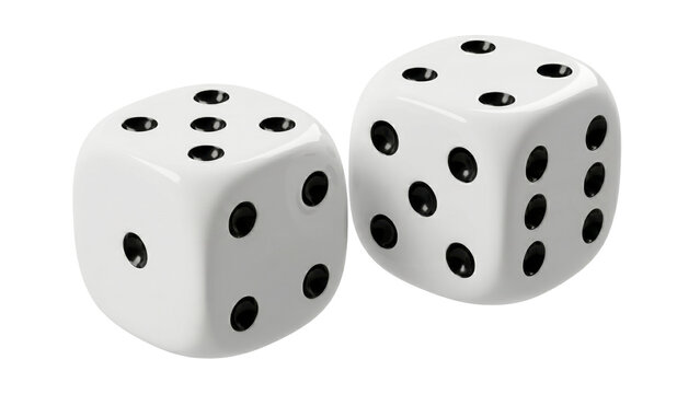 Two glossy white dice showing random numbers for gambling and board games played with friends and family rendered in 3d style on transparent background PNG