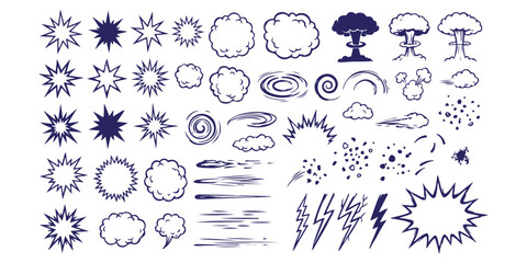 Set of hand drawn comic book explosion blast smoke cloud and lightning bolt effect elements © md