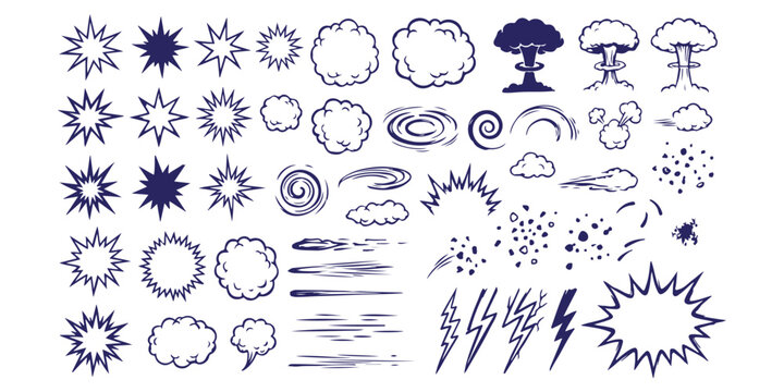 Set of hand drawn comic book explosion blast smoke cloud and lightning bolt effect elements