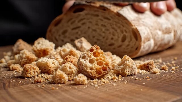 Closeup of freshly baked bread crumbs scattered on a wooden cutting board.