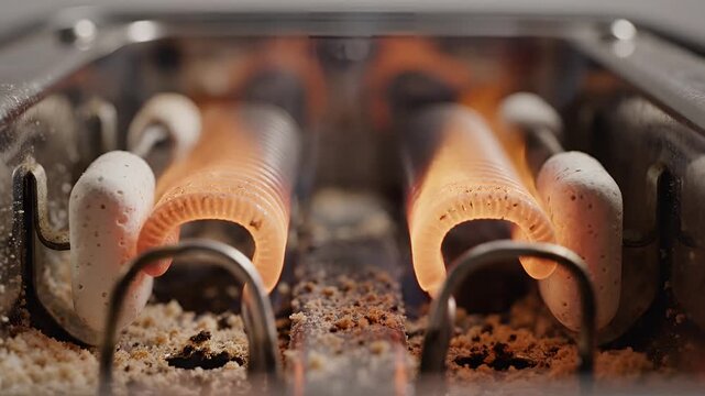 Closeup of glowing hot heating elements in a toaster oven.