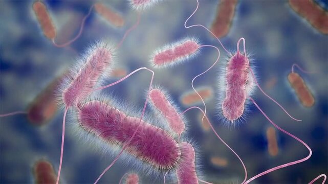 Legionella bacteria, 3D animation showing slowly rotating rod-shaped cells, illustrating waterborne pathogen causing Legionnaires&rsquo; disease and severe pneumonia.