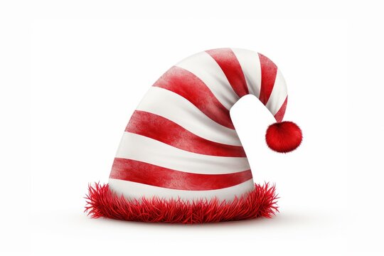 Candy cane striped elf style hat with red pom pom and furry trim for holidays
