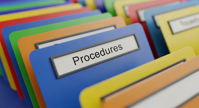 Detailed 3D illustration of a colorful administrative card index system featuring a specific file labeled procedures amongst various document folders in a modern office organizational database.