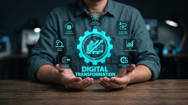 Digital transformation concept with businessman holding a glowing gear icon representing business growth, cloud migration, and automation technology