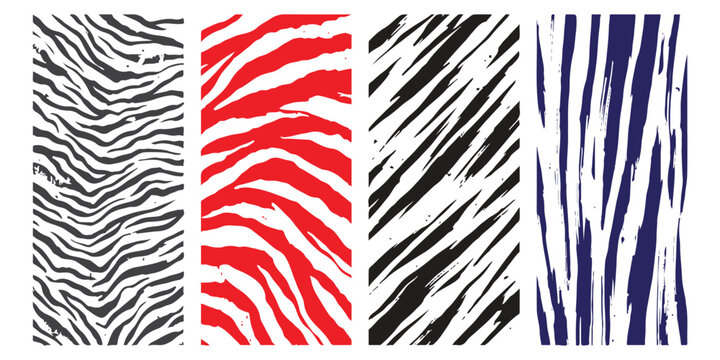 Set of four different abstract animal print patterns with black red and blue zebra stripe designs
