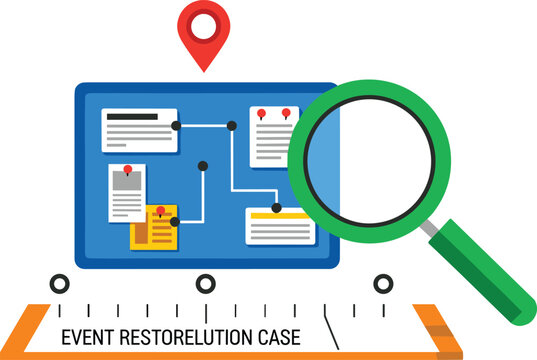  Event restoration case investigation vector infographic with forensic crime timeline map board pinning evidence documents and magnifying glass analysis graphic