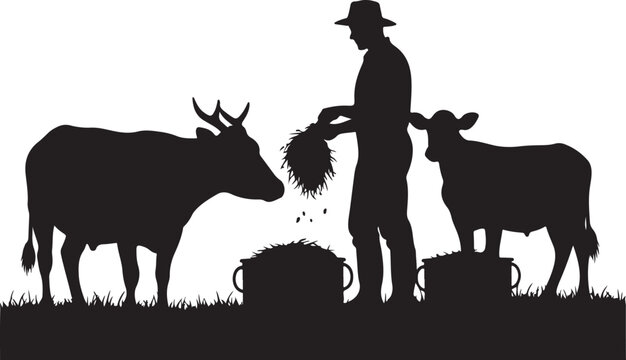 Black silhouette of man feeding two cows with hay