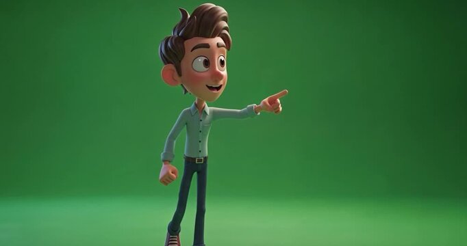Animated cartoon character pointing forward on green screen background