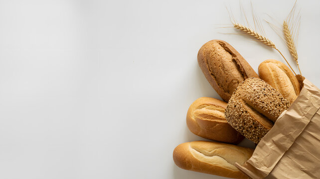 A brown paper bag filled with various types of bread and wheat on a white background