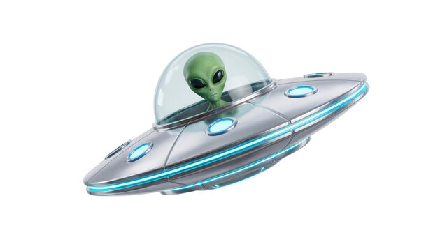 Green alien pilot sitting inside a metallic flying saucer spacecraft with glowing blue lights and a glass cockpit dome isolated on transparent background PNG