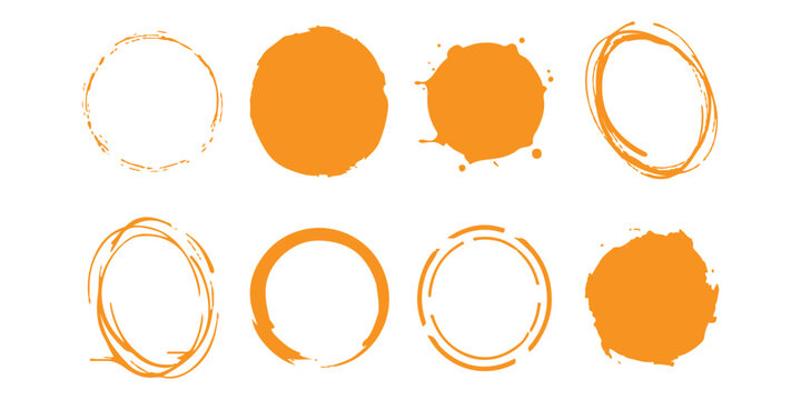 Set of hand drawn orange circles and paint brush strokes for graphic design elements