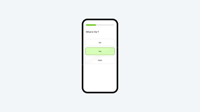 Language learning mobile application interface displaying multiple choice comprehension quiz for russian vocabulary vector animation