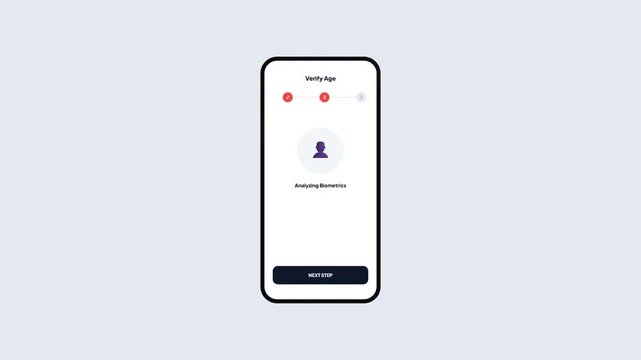 Mobile App Age Verification Interface with ID Card Document Scan and Biometric Facial Recognition Animation for Identity Validation