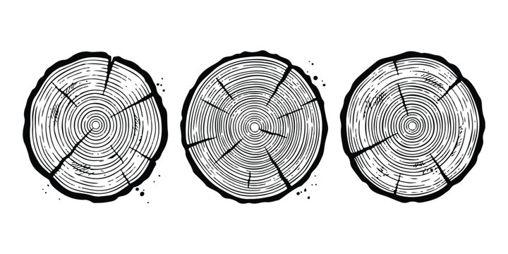 Three round tree log cross sections with growth rings in a simple black and white line art style