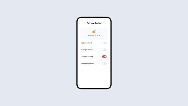 Mobile App UI Concept of Privacy Center Dashboard Toggling Location Stealth Mode to System Secured Status in Flat Minimalist Design