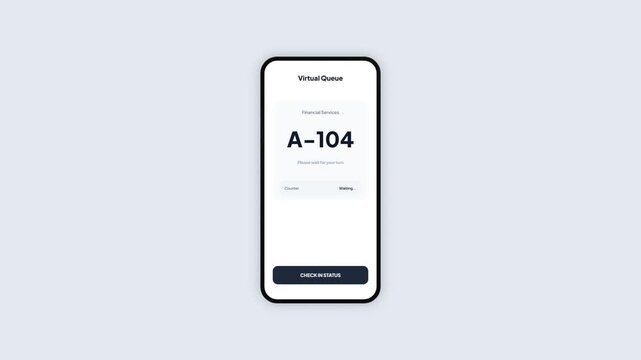 Mobile App UI Concept of Virtual Queue Management System Tracking Ticket Number for Financial Services in Clean Minimalist Design