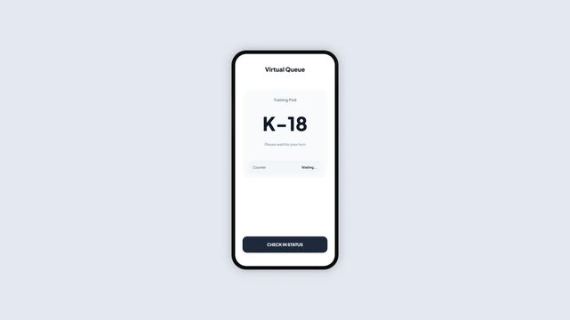Mobile App UI Concept of Virtual Queue Management System Tracking Ticket Number for Training Pod Services in Clean Minimalist Design