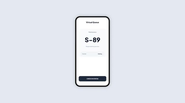 Mobile App UI Concept of Virtual Queue Management System Tracking Ticket Number for Maintenance Services in Clean Minimalist Design