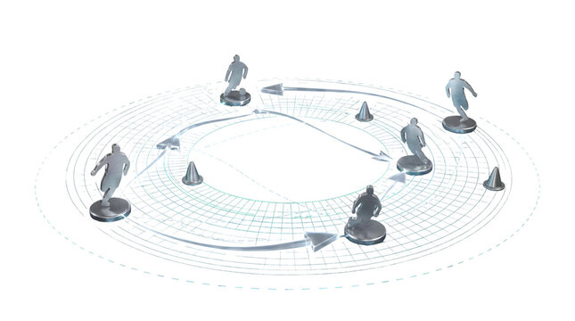 Abstract soccer coaching tactical board layout with physical metallic pieces and glowing white data lines