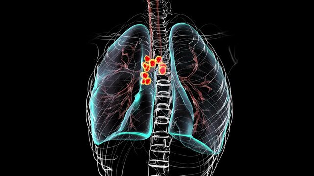 Pulmonary lymphadenitis visualised within transparent thoracic anatomy, enlarged inflamed lymph nodes highlighted between lungs, slow rotating 3D medical animation on black background.