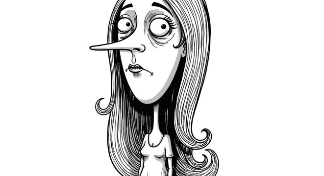 Black and white illustration of woman with long nose.