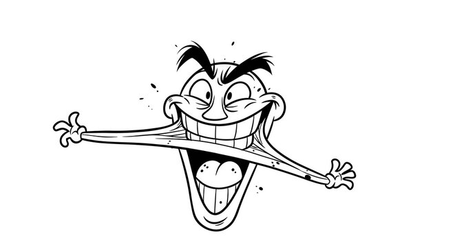 Cartoon man pulling his face into a wide smile.