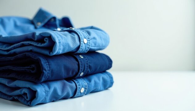 Neatly stacked blue shirt and jeans Folded clothing, denim, apparel, studio shot, jeans, blue