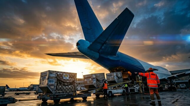 Wide-body Cargo Plane Loading at Dusk on Airport Apron with Shipping Containers