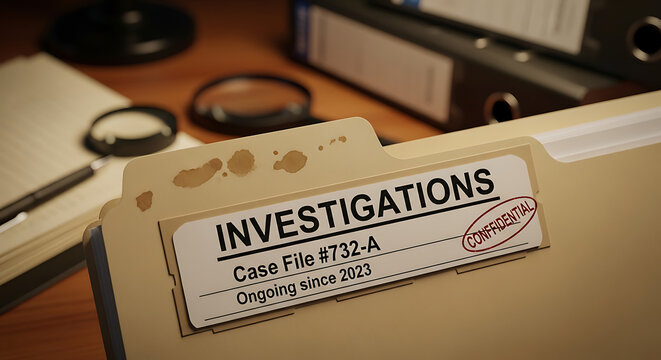 Investigation concept label on manila file folder for forensic detective research evidence management in law enforcement agency office archive storage and police case documentation record.