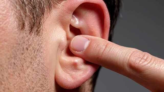 Close-up of a person's finger gently touching and pressing the outer ear and ear canal for a relaxing feeling