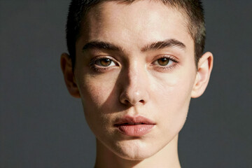 Naklejka premium Close up portrait of a beautiful woman with a short buzzed haircut and intense gaze in soft natural light