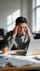 Obraz premium Stressed Businessman Suffering From Tension Headache and Mental Fatigue While Working in Office Healthcare Concept
