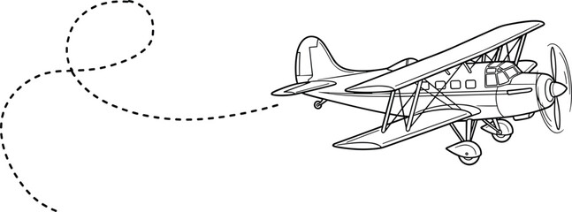 Retro Biplane Aircraft Vector Line Art Illustration with Dashed Flight Path Loop for Vintage Aviation Travel Adventure and Historical Propeller Airplane Design Template © MdAbdur